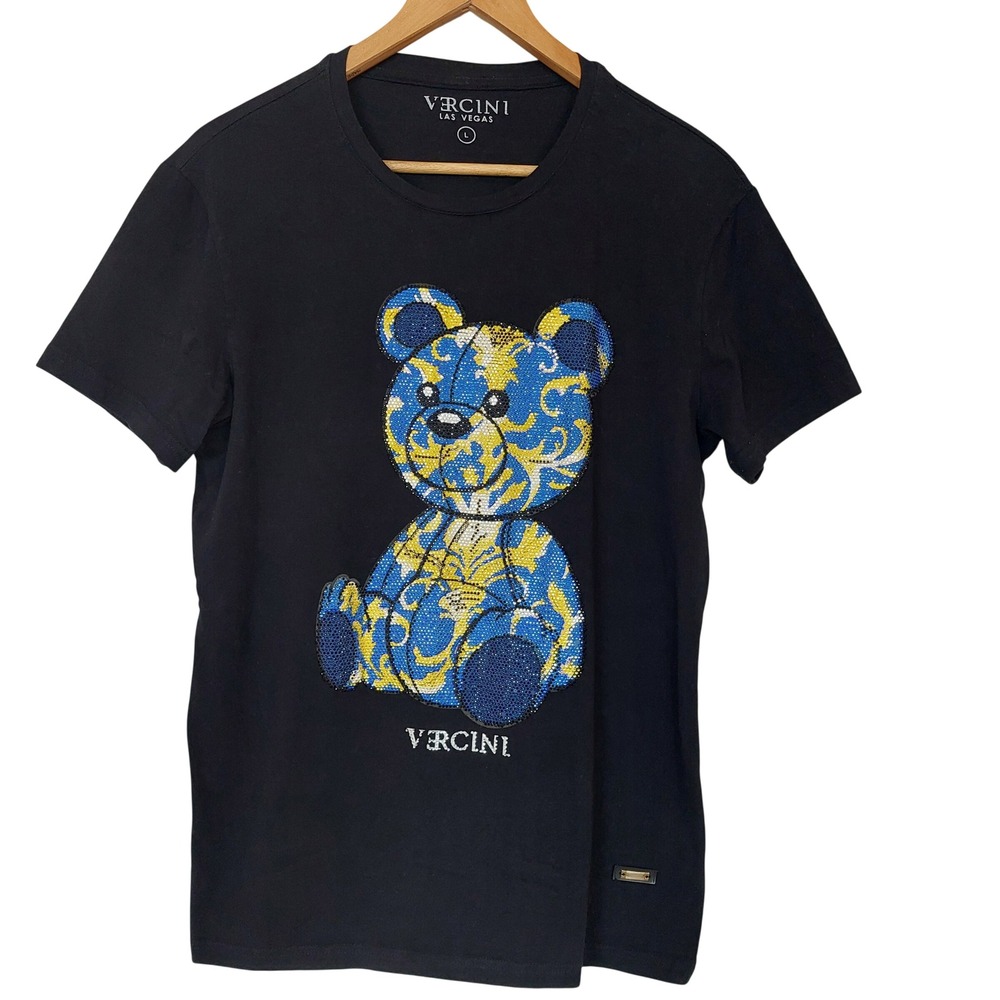 Vercini Black‎ Rhinestone Baroque Teddy Bear T-Shirt Women's Large